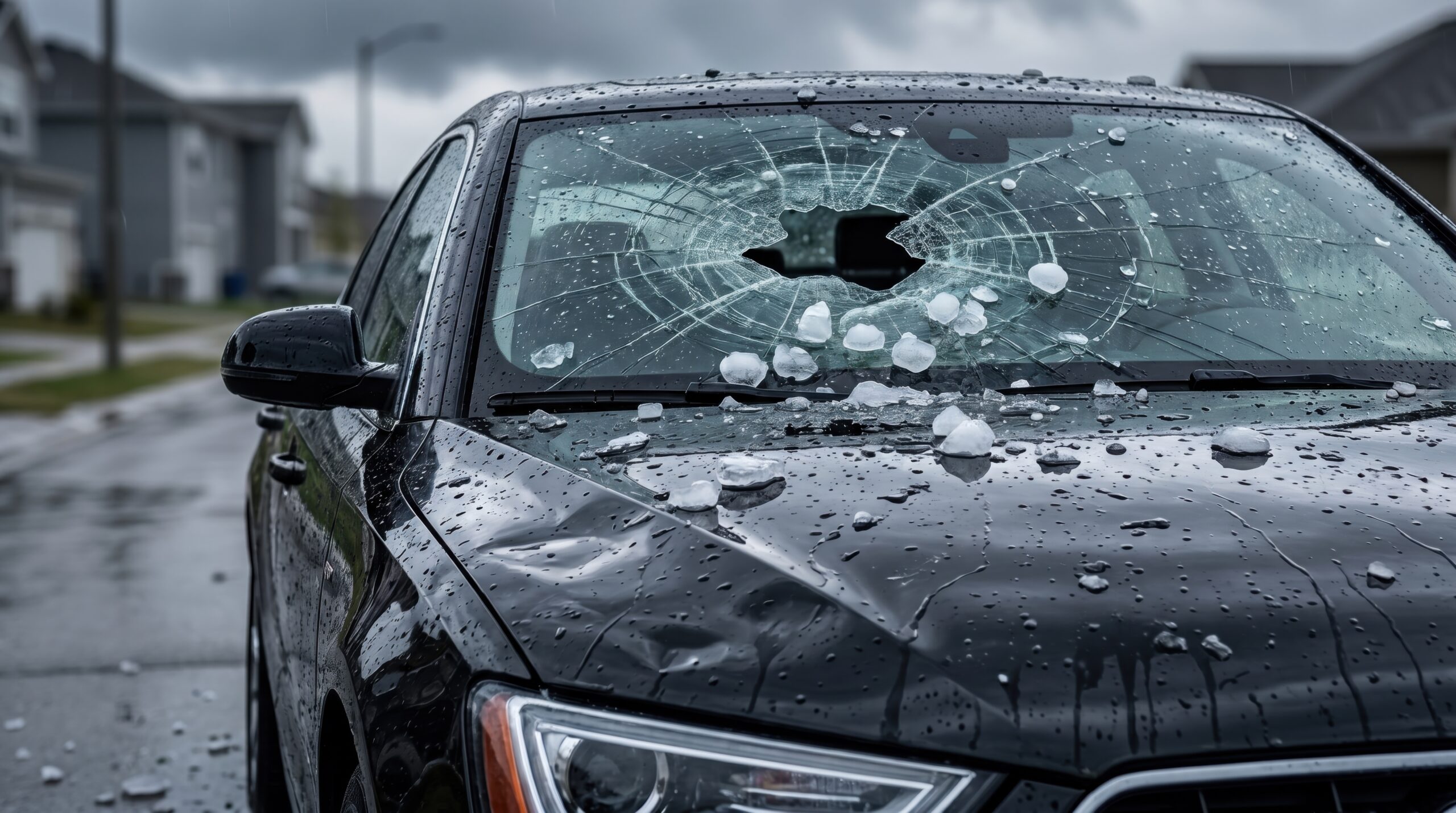 Damaged black car with shattered windshield after hailstorm on rainy suburban street, illustrating severe weather, vehicle damage and insurance claim concept Hail damage